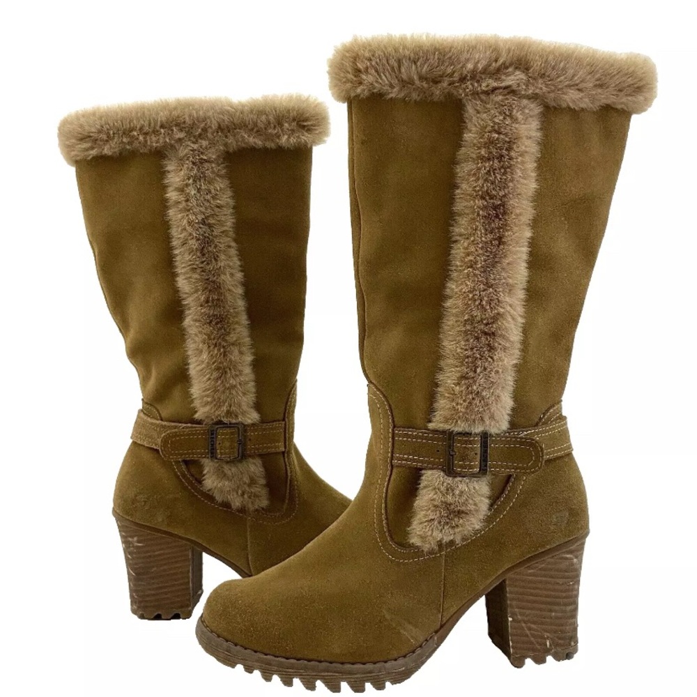 Skechers Struts Y2K 90s 70s Faux Fur Boots Vintage Tall Tan Boots Chunky Heel 8